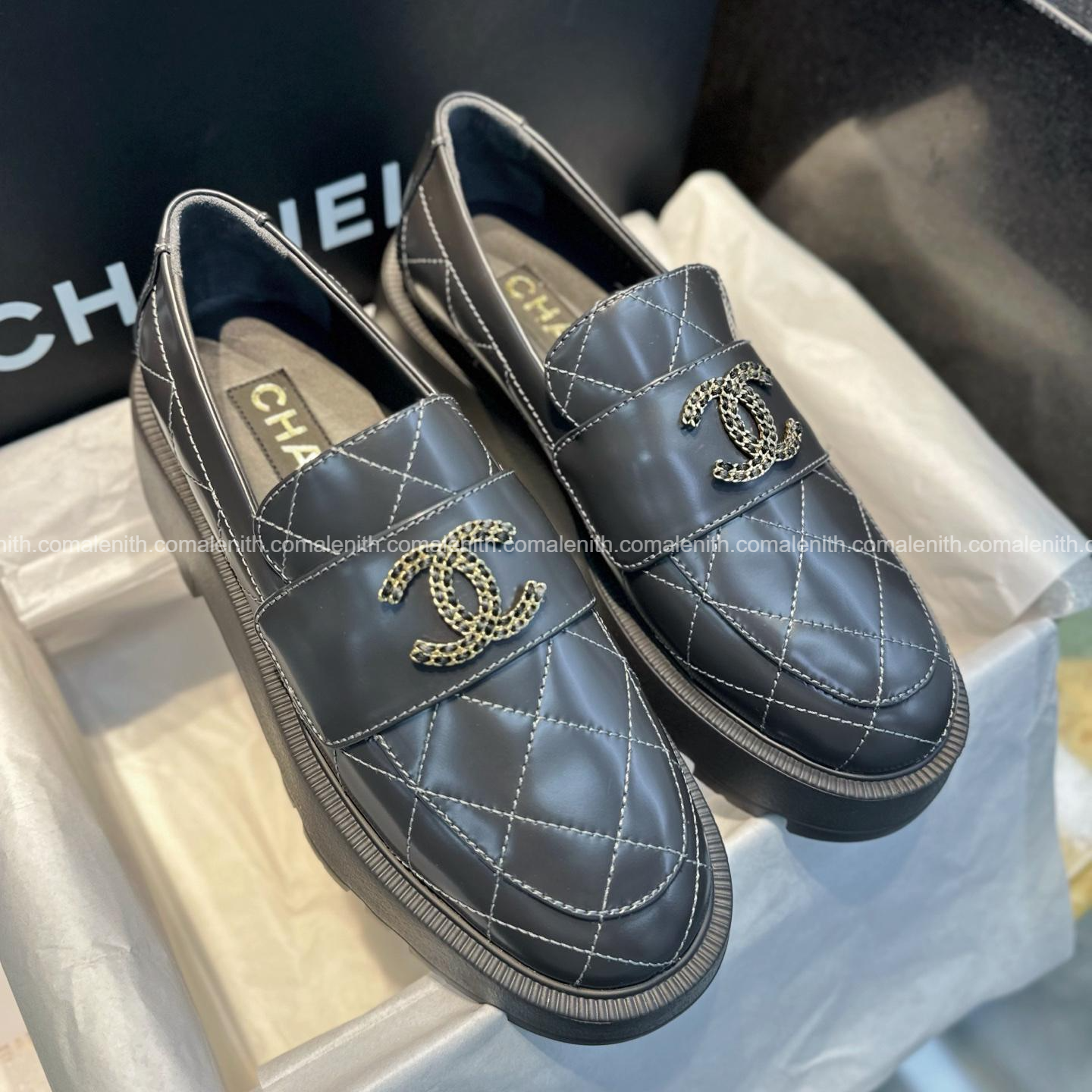 Chanel 24B Gray Quilted Platform Loafers